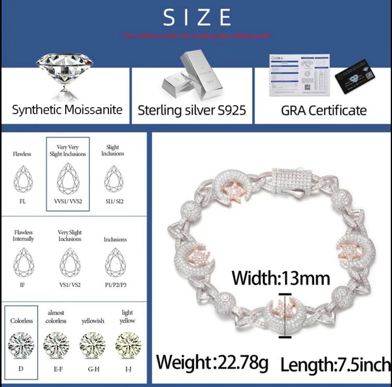 Moissanite 925 silver moon/star bracelet